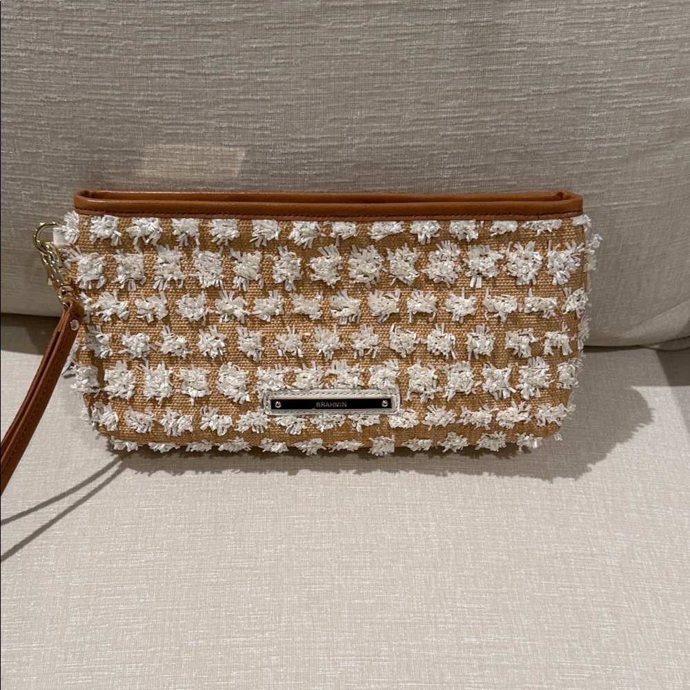 Brahmin Tan and White Textured Woven Wristlet